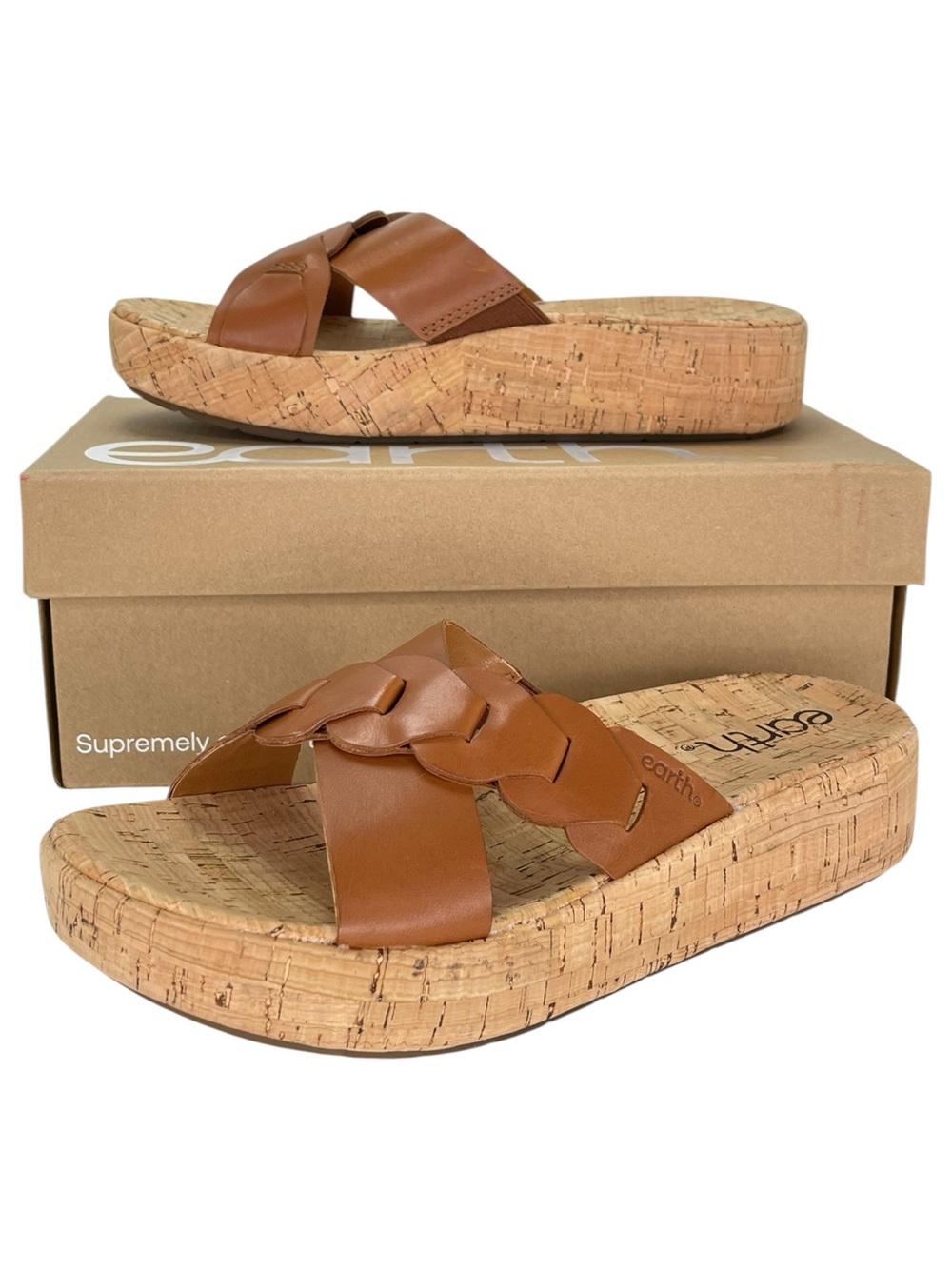 Earth Scotti Tan Leather Cork Wrapped Womens Sandals Size 8M